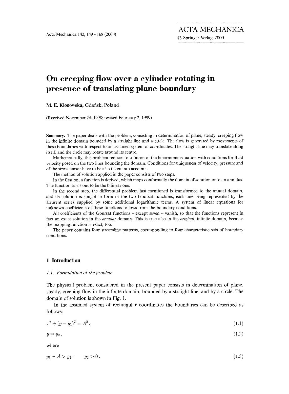 On creeping flow over a cylinder rotating in presence of translating plane boundary by Unknown