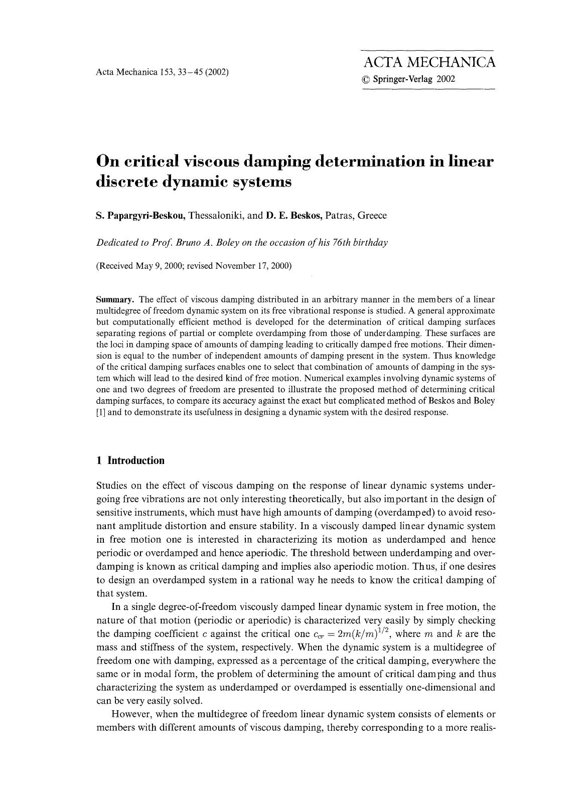 On critical viscous damping determination in linear discrete dynamic systems by Unknown