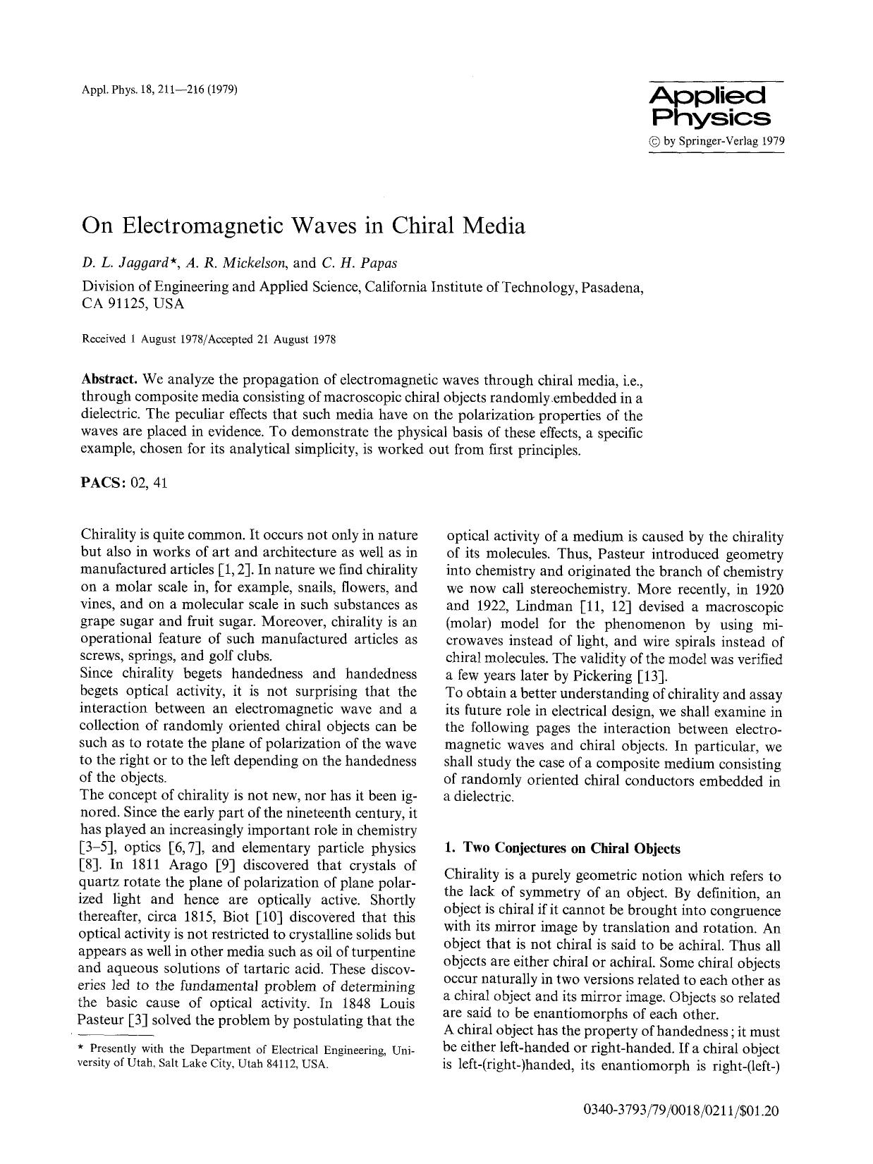 On electromagnetic waves in chiral media by Unknown