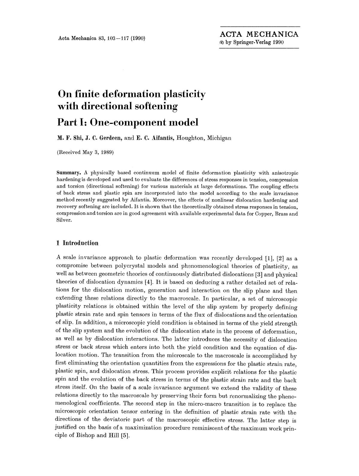 On finite deformation plasticity with directional softening Part I: One-component model by Unknown