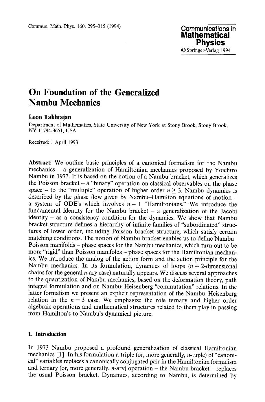 On foundation of the generalized Nambu mechanics by Unknown