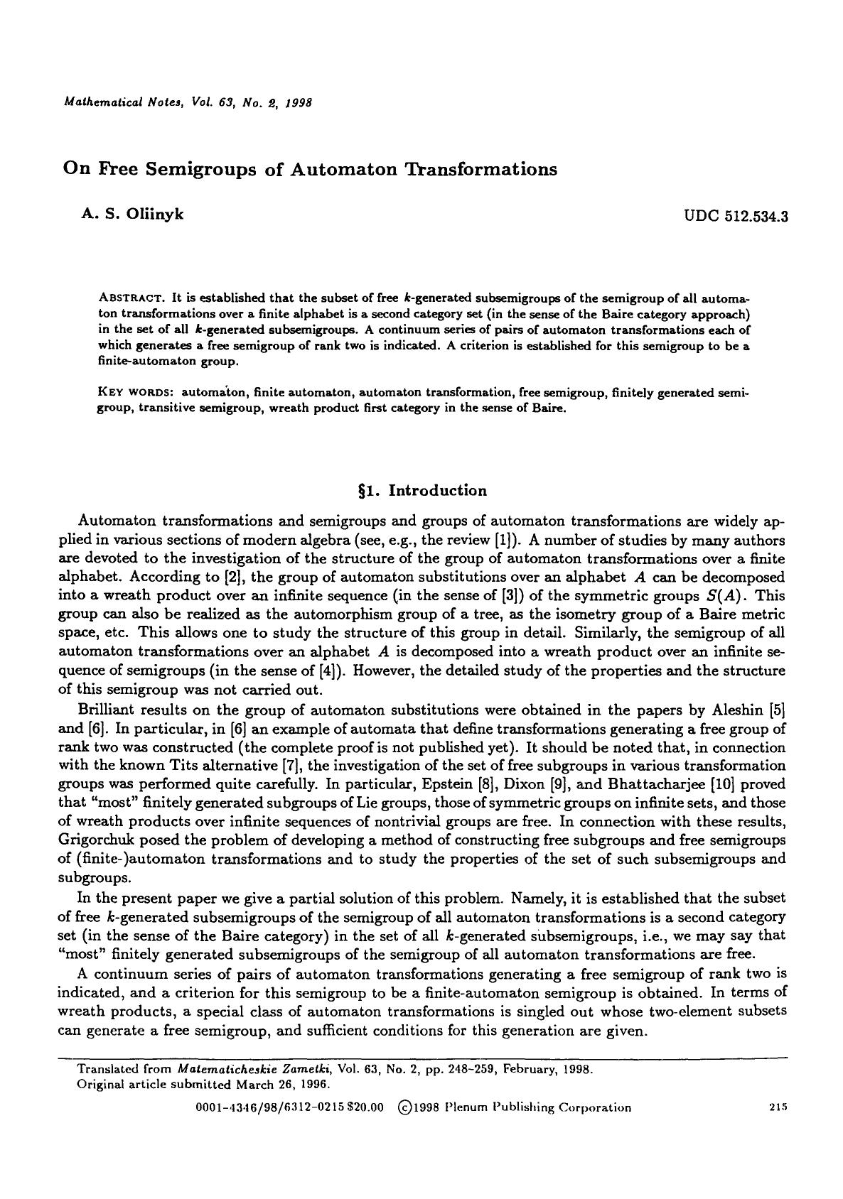 On free semigroups of automaton transformations by Unknown