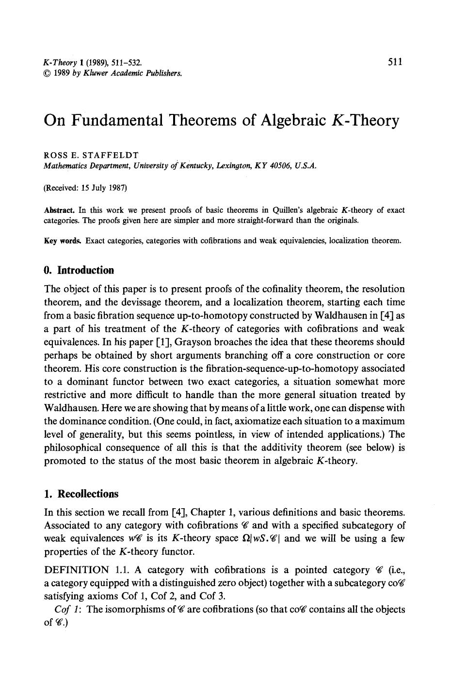 On fundamental theorems of algebraic <Emphasis Type="Italic">K<Emphasis>-theory by Unknown