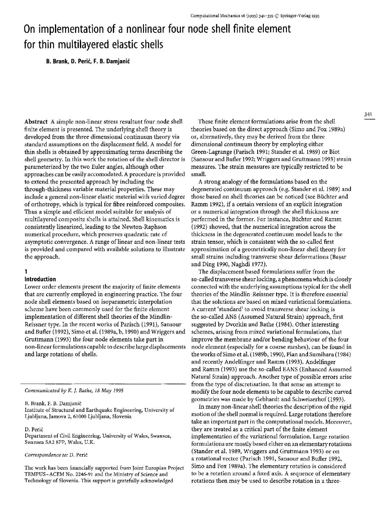 On implementation of a nonlinear four node shell finite element for thin multilayered elastic shells by Unknown