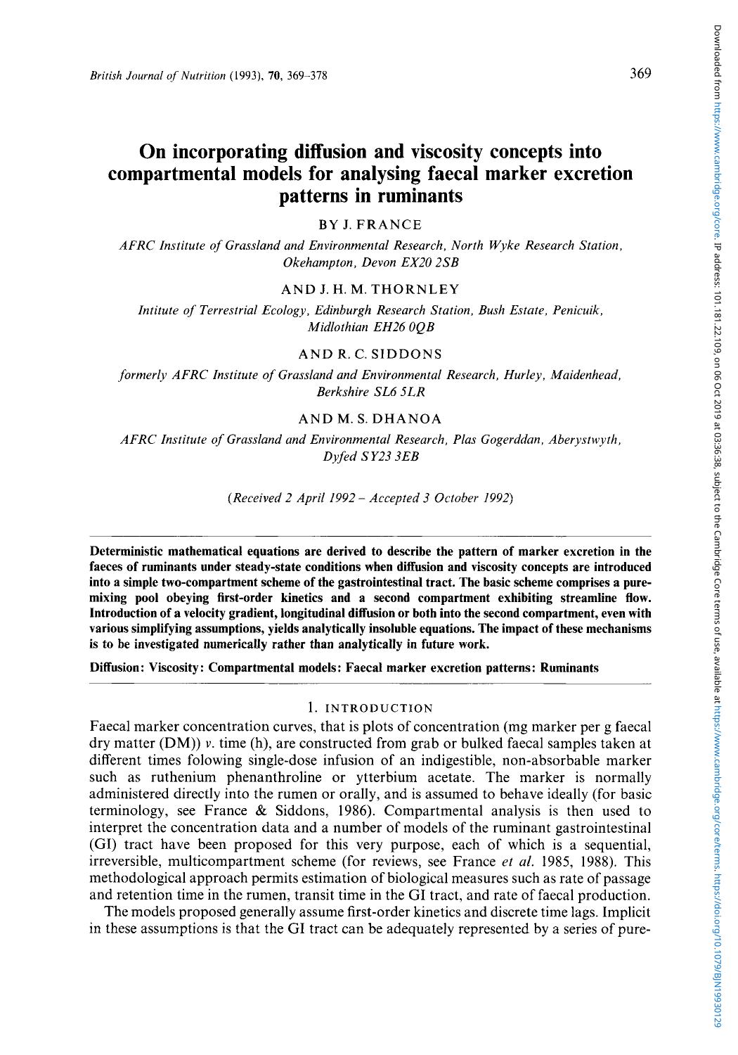 On incorporating diffusion and viscosity concepts into compartmental models for analysing faecal marker excretion patterns in ruminants by J. France J. H. M. Thornley R. C. Siddons & M. S. Dhanoa