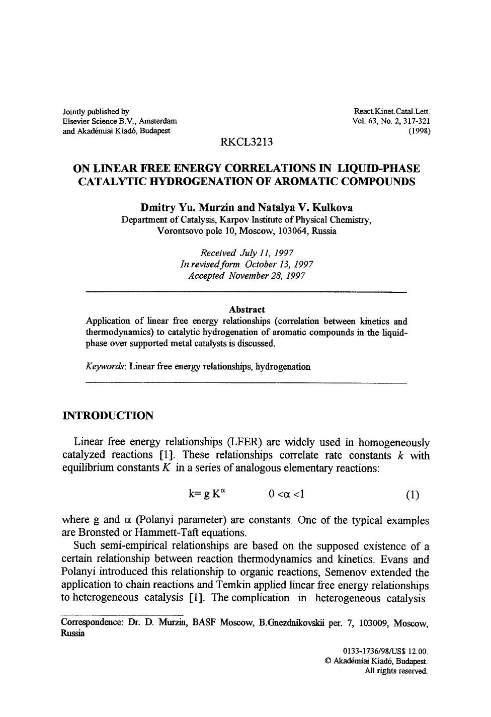 On linear free energy correlations in liquid-phase catalytic hydrogenation of aromatic compounds by Unknown