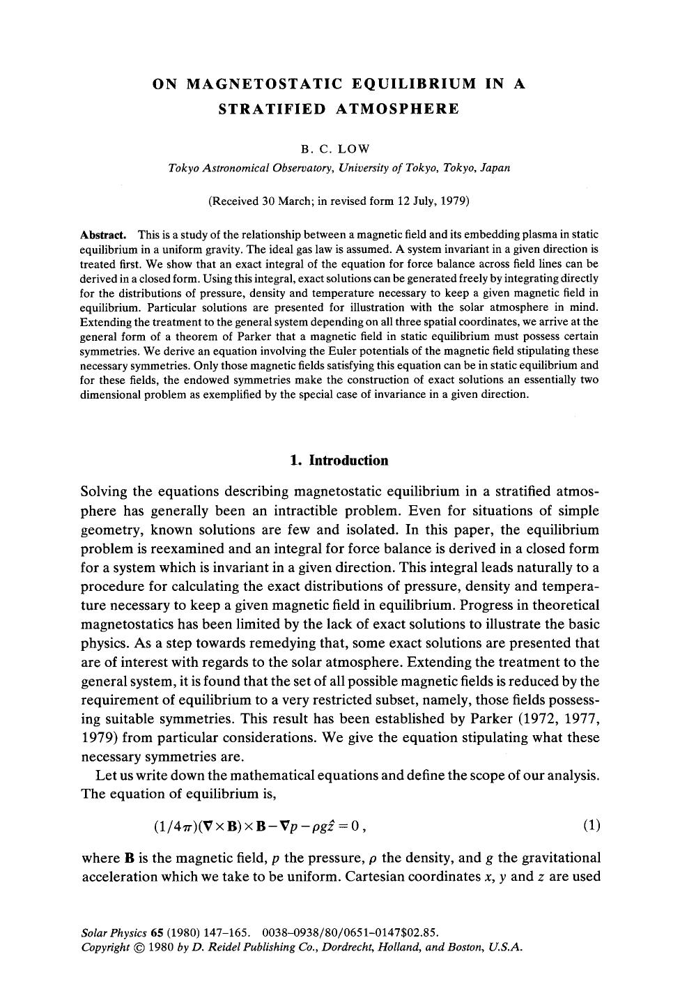 On magnetostatic equilibrium in a stratified atmosphere by Unknown