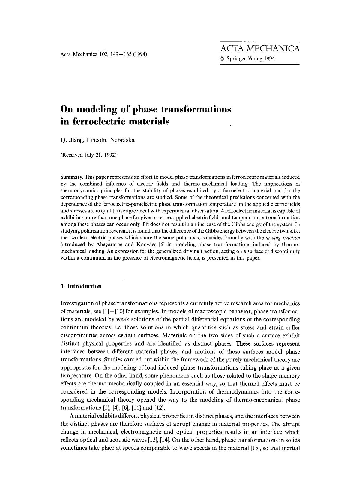 On modeling of phase transformations in ferroelectric materials by Unknown