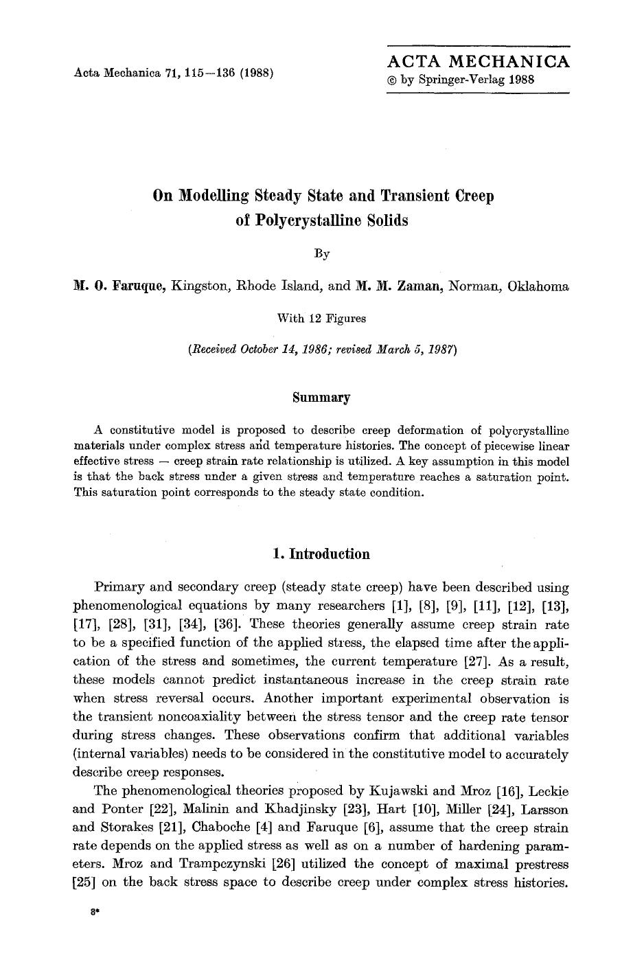 On modelling steady state and transient creep of polycrystalline solids by Unknown