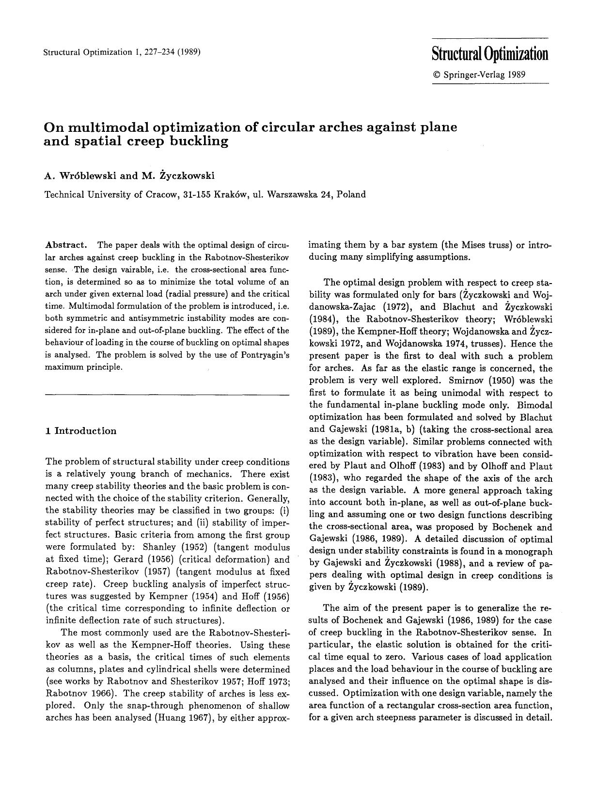 On multimodal optimization of circular arches against plane and spatial creep buckling by Unknown