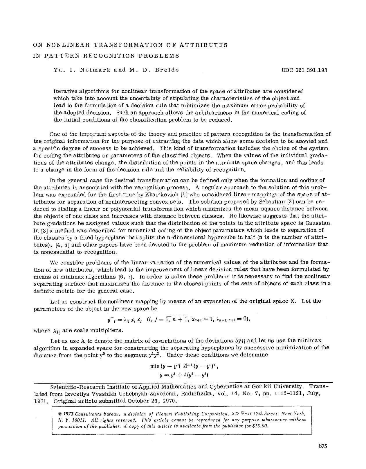 On nonlinear transformation of attributes in pattern recognition problems by Unknown
