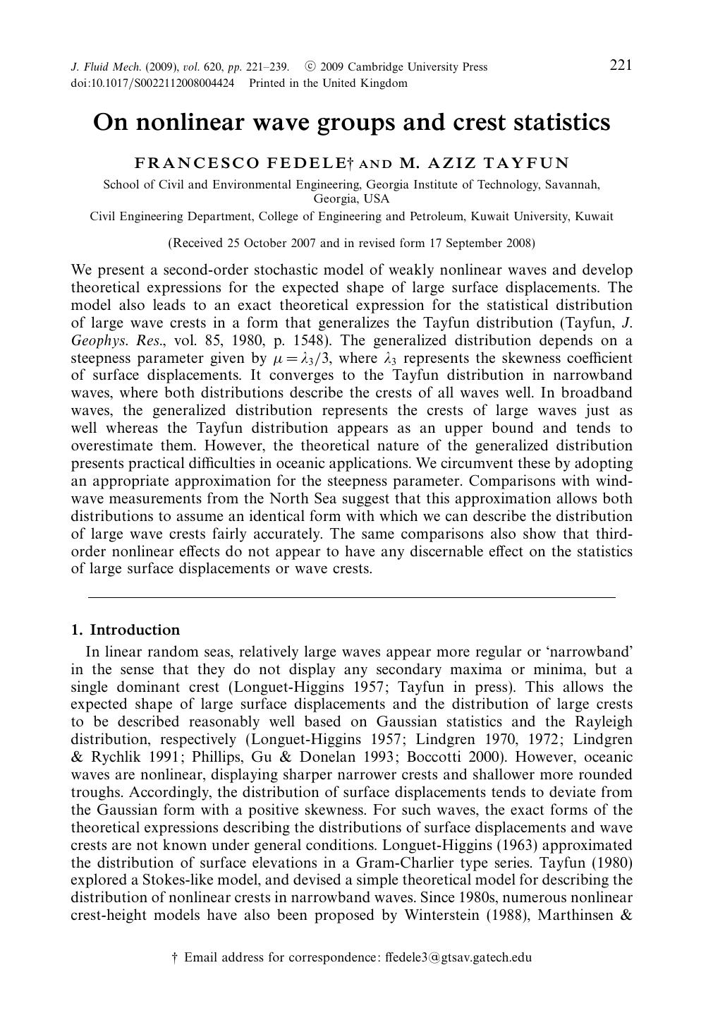 On nonlinear wave groups and crest statistics by FRANCESCO FEDELE M. AZIZ TAYFUN