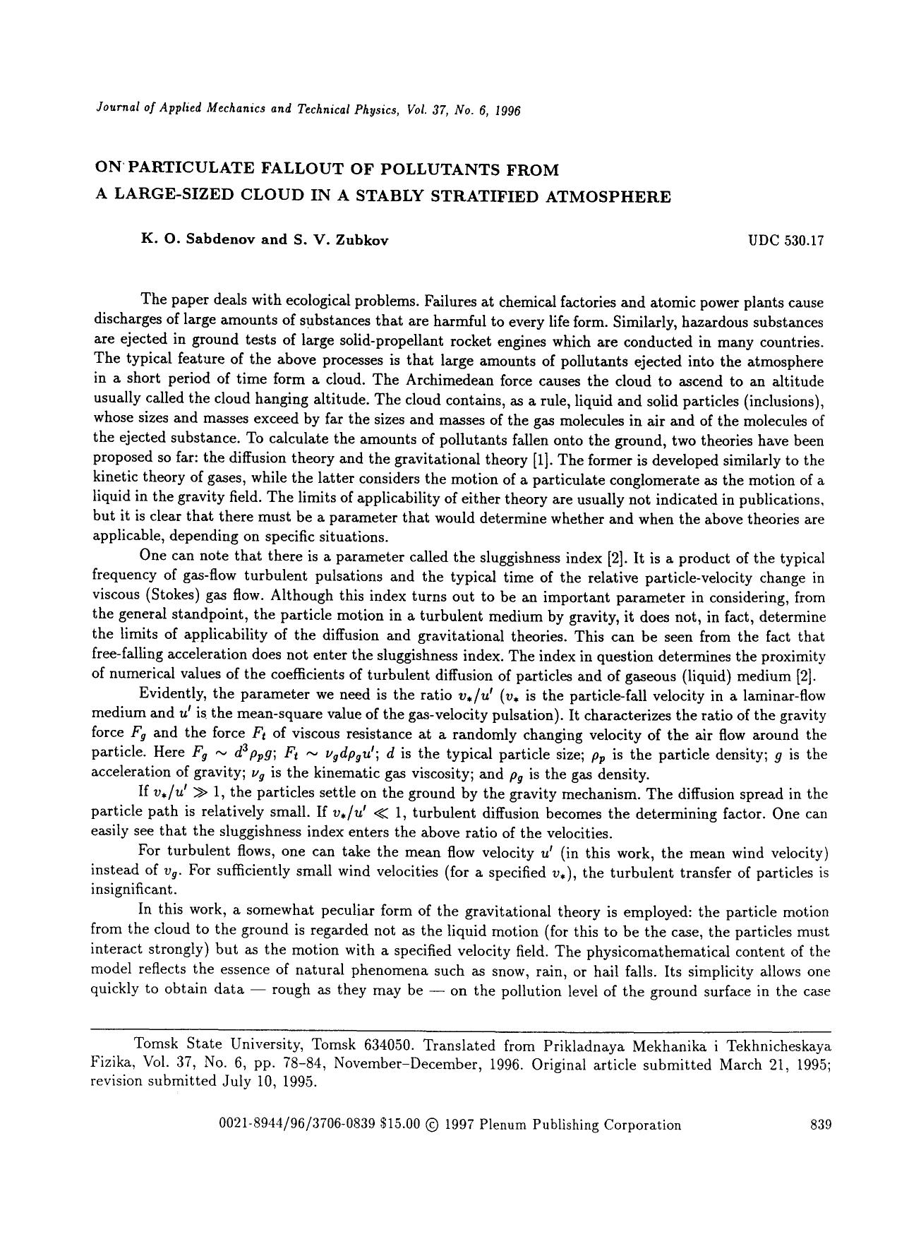On particulate fallout of pollutants from a large-sized cloud in a stably stratified atmosphere by Unknown