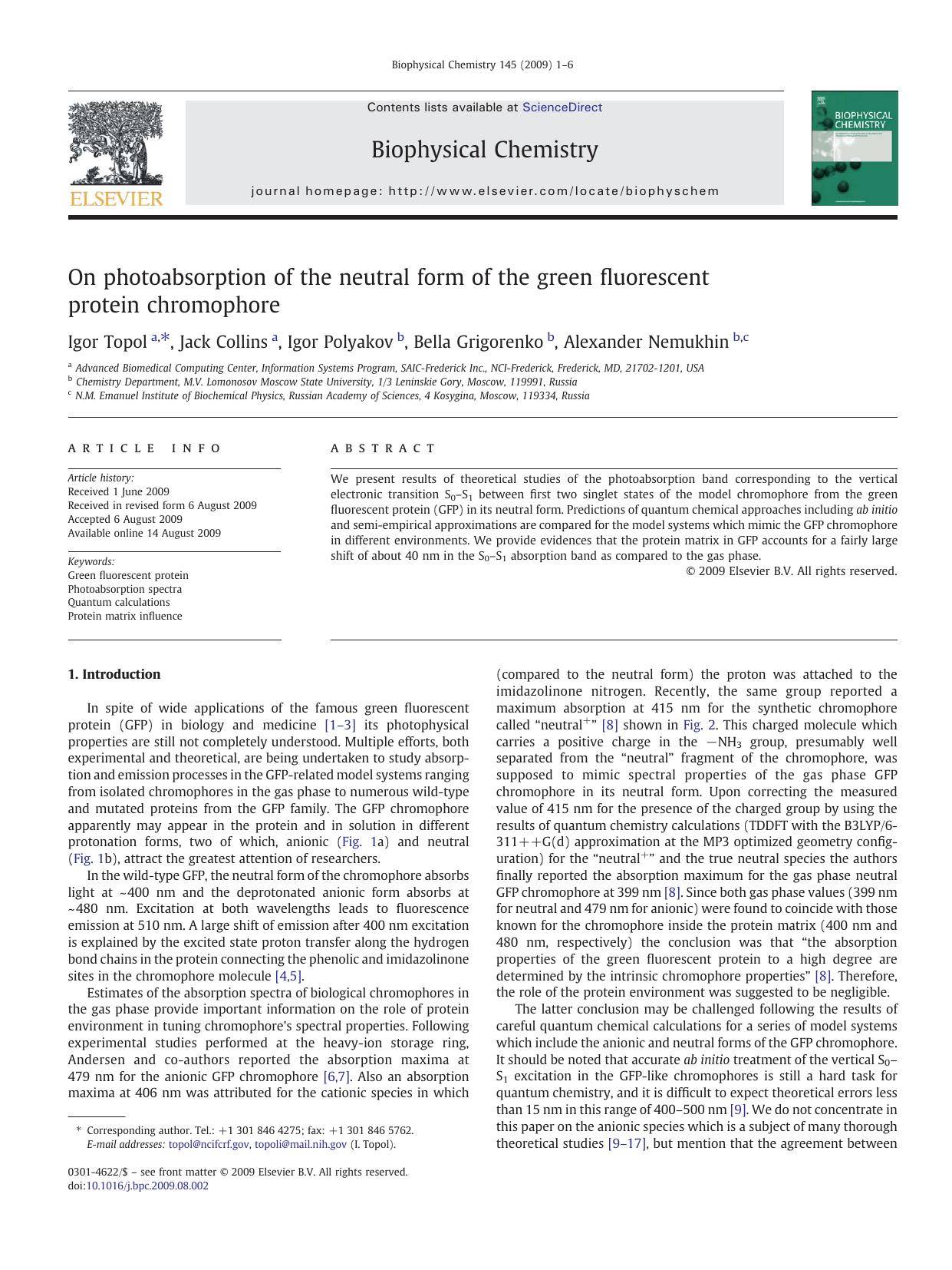 On photoabsorption of the neutral form of the green fluorescent protein chromophore by Igor Topol; Jack Collins; Igor Polyakov; Bella Grigorenko; Alexander Nemukhin