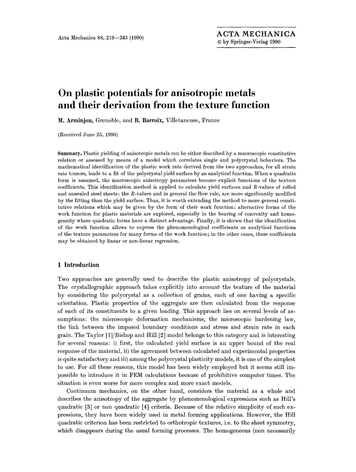 On plastic potentials for anisotropic metals and their derivation from the texture function by Unknown