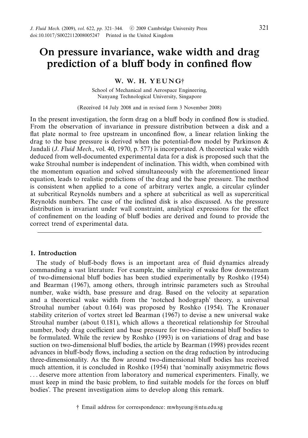 On pressure invariance, wake width and drag prediction of a bluff body in confined flow by W. W. H. YEUNG