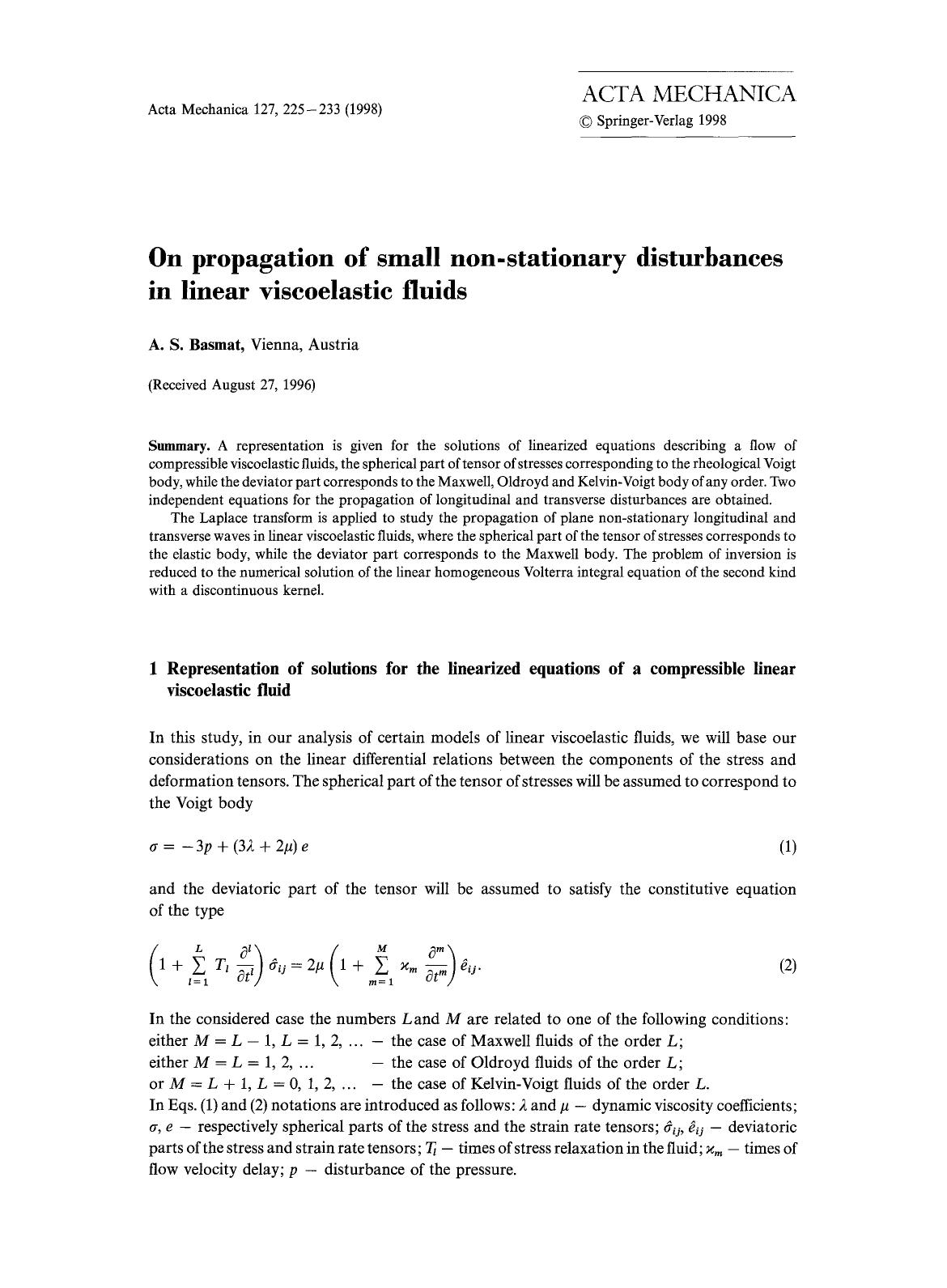 On propagation of small non-stationary disturbances in linear viscoelastic fluids by Unknown