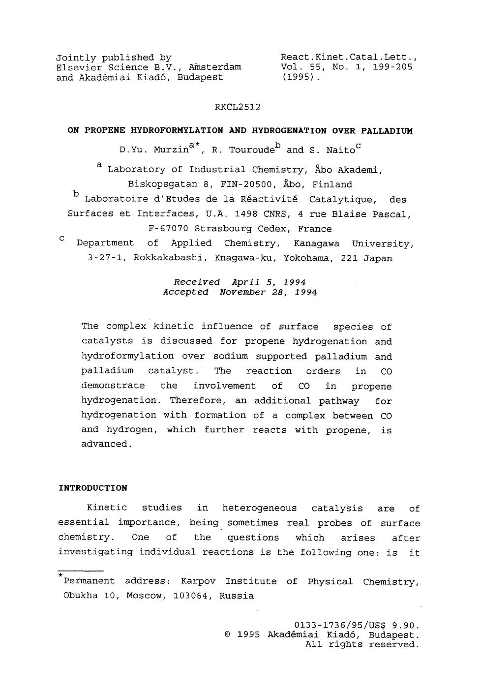 On propene hydroformylation and hydrogenation over palladium by Unknown