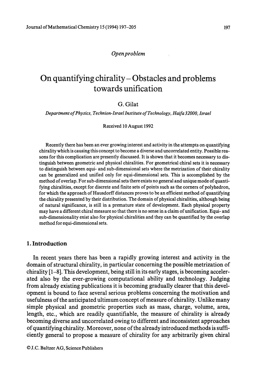 On quantifying chirality &#x2014; Obstacles and problems towards unification by Unknown