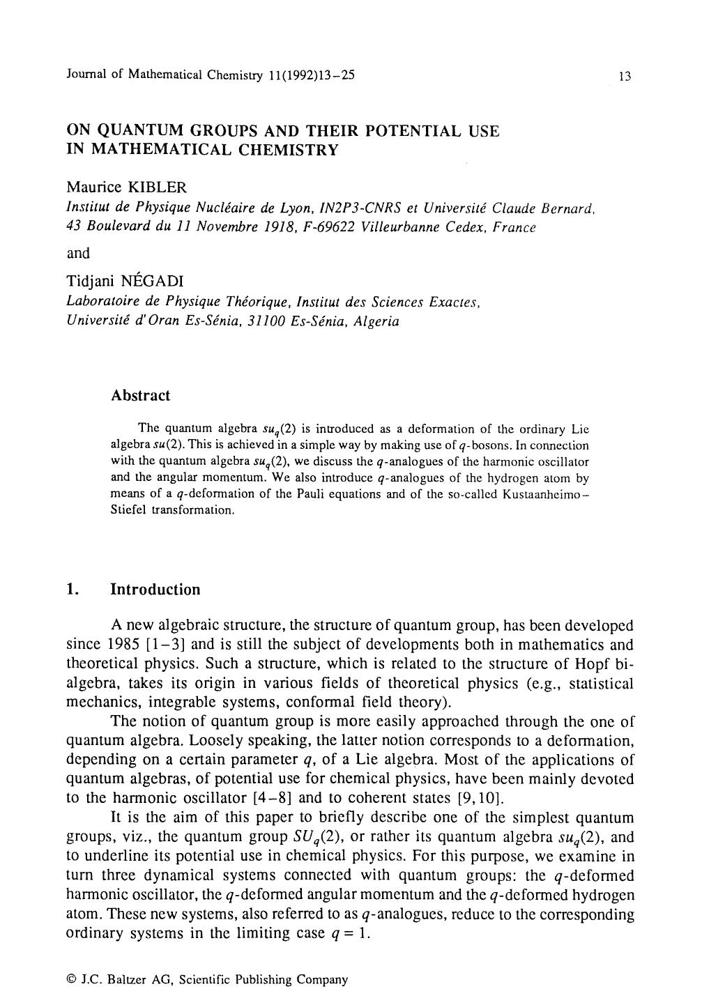On quantum groups and their potential use in mathematical chemistry by Unknown