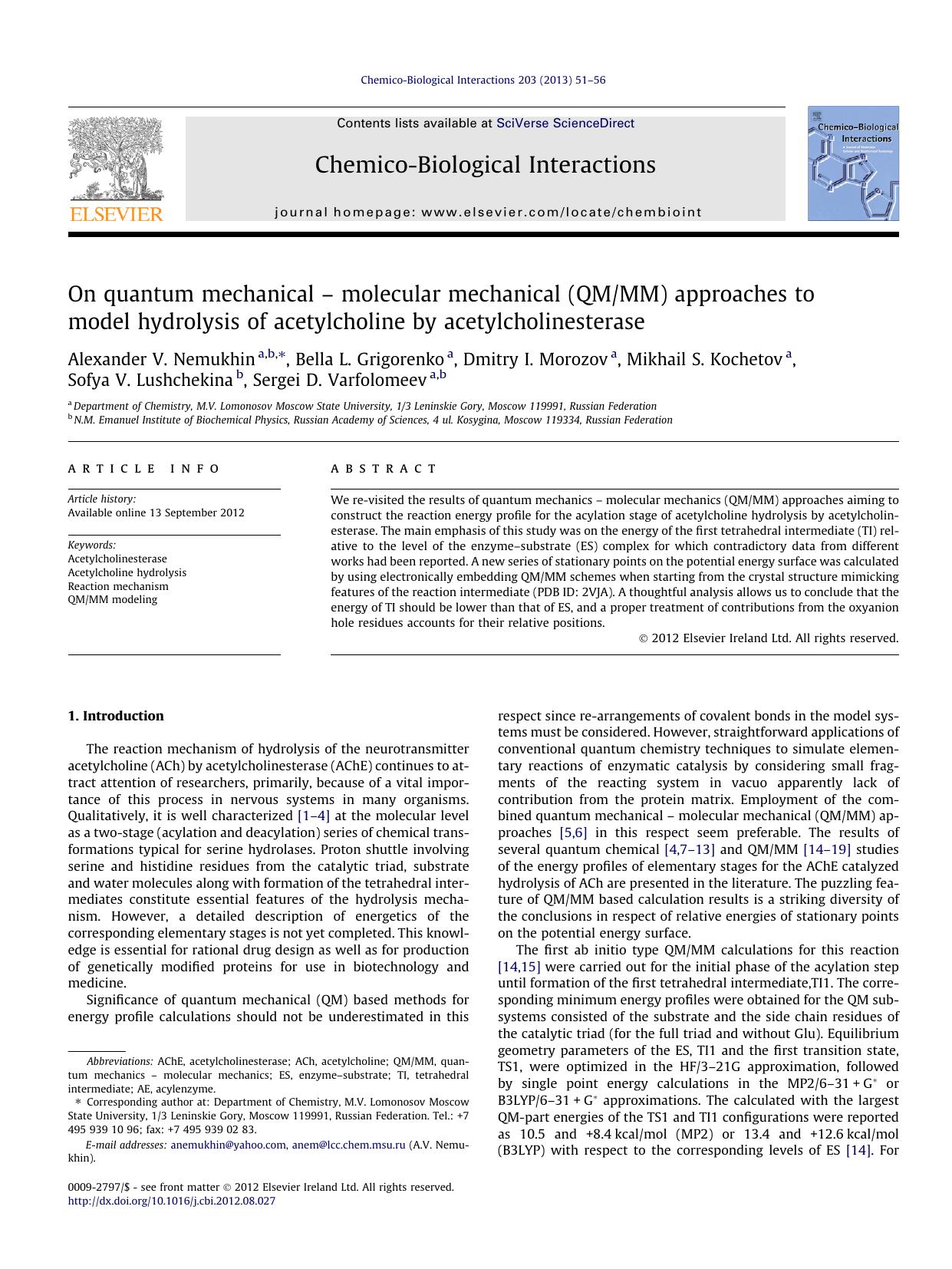 On quantum mechanical Ã¢â¬â molecular mechanical (QMMM) approaches to model hydrolysis of acetylcholine by acetylcholinesterase by unknow