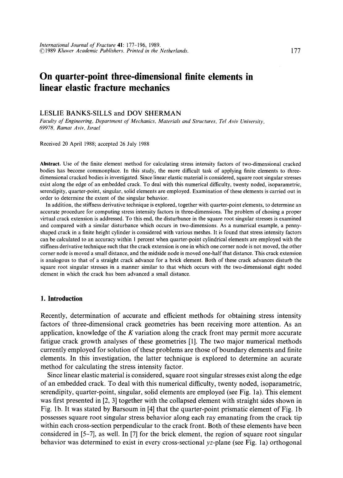 On quarter-point three-dimensional finite elements in linear elastic fracture mechanics by Unknown