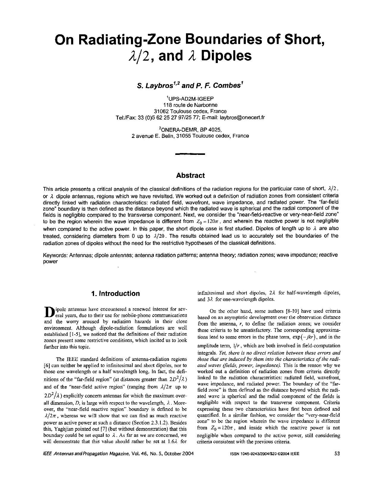 On radiating-zone boundaries of short, spl lambda2, and spl lambda dipoles - Antennas and Propagation Magazine, IEEE by Unknown