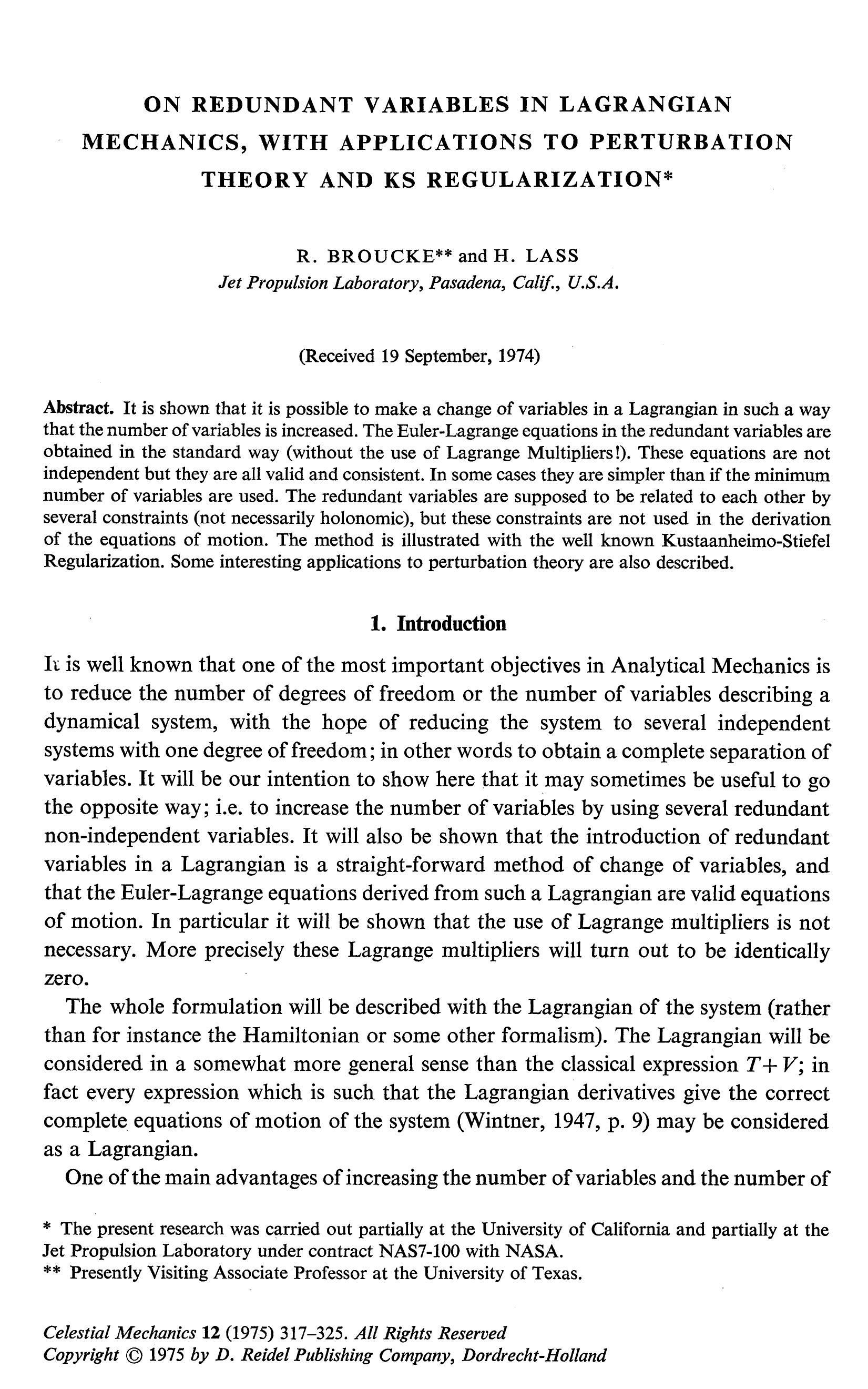 On redundant variables in Lagrangian mechanics, with applications to perturbation theory and KS regularization by Unknown