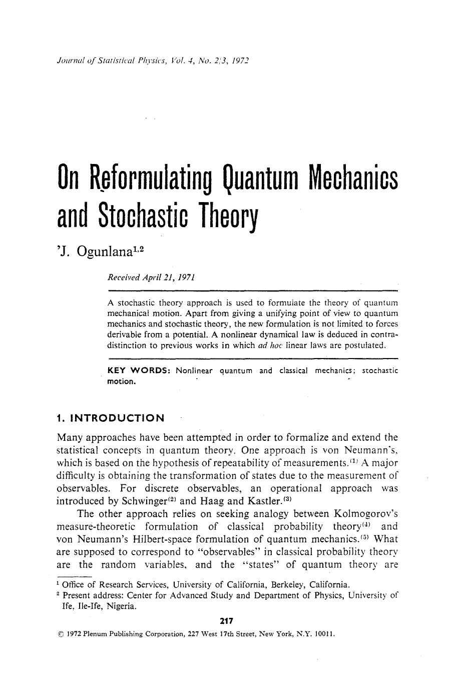 On reformulating quantum mechanics and stochastic theory by Unknown