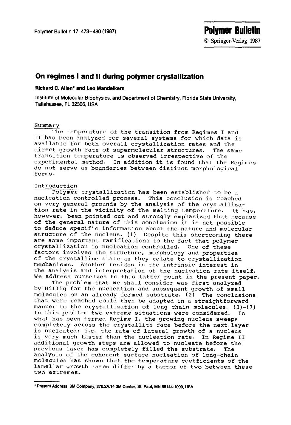 On regimes I and II during polymer crystallization by Unknown