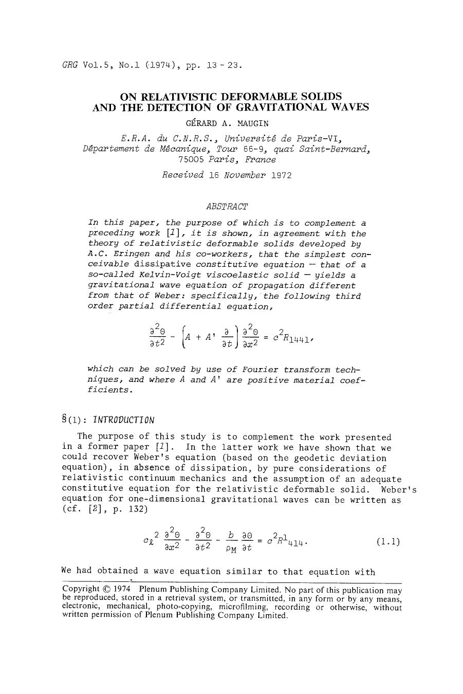 On relativistic deformable solids and the detection of gravitational waves by Unknown
