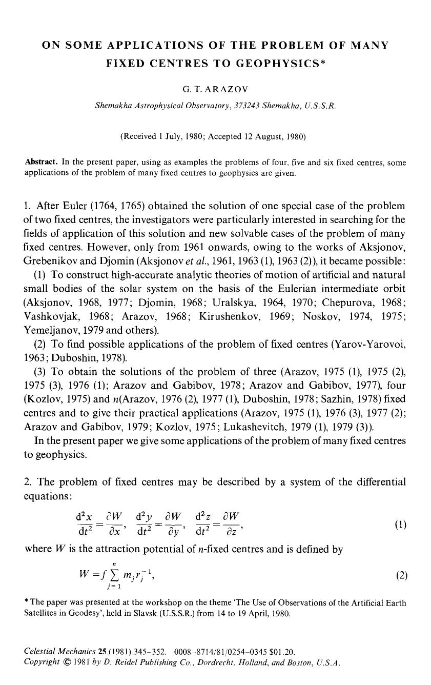 On some applications of the problem of many fixed centres to geophysics by Unknown
