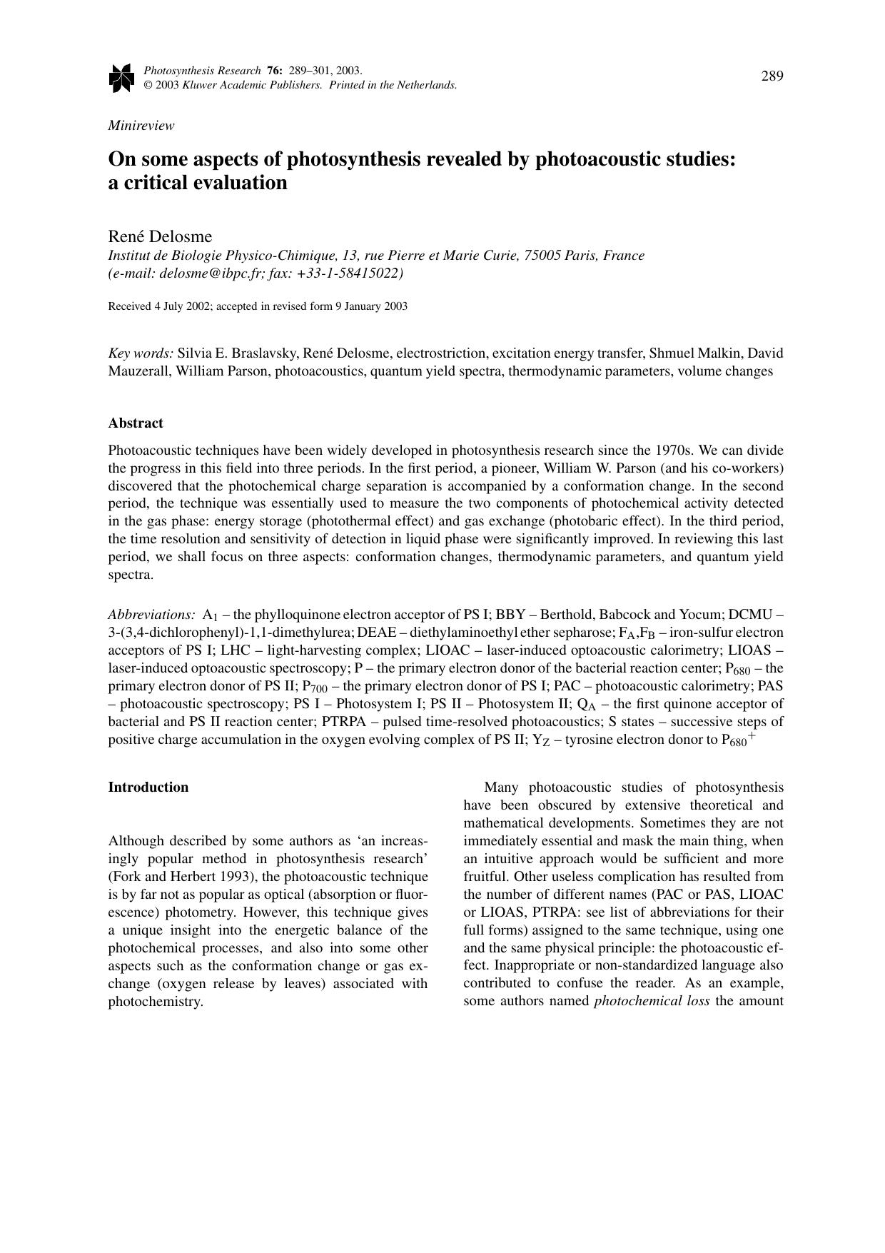 On some aspects of photosynthesis revealed by photoacoustic studies: a critical evaluation by Unknown