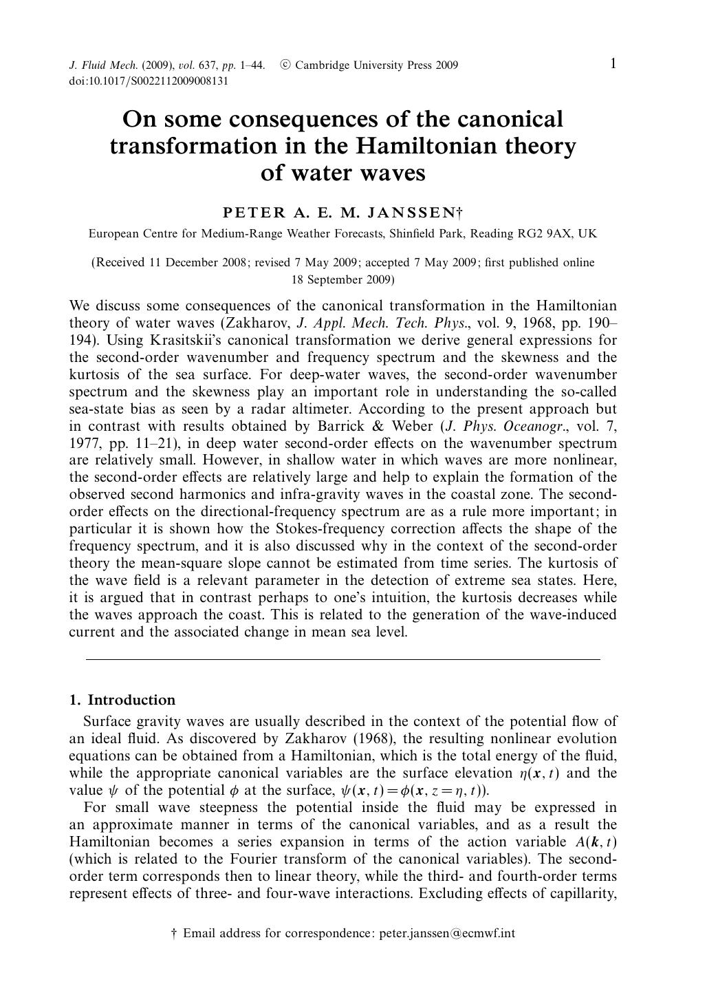 On some consequences of the canonical transformation in the Hamiltonian theory of water waves by PETER A. E. M. JANSSEN