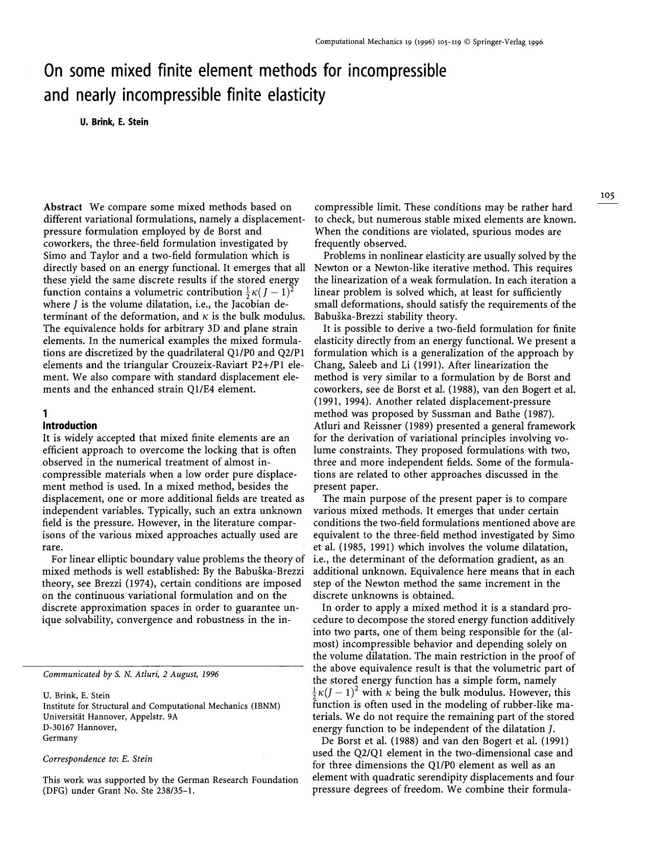 On some mixed finite element methods for incompressible and nearly incompressible finite elasticity by Unknown