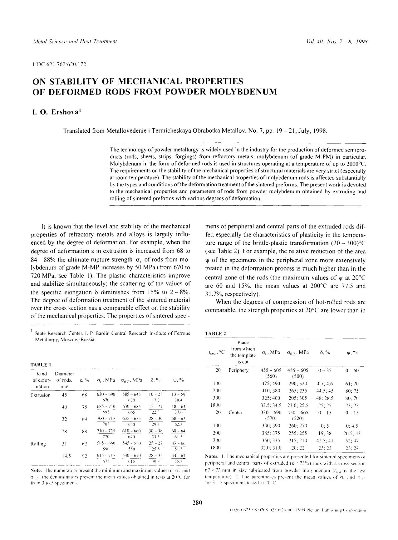 On stability of mechanical properties of deformed rods from powder molybdenum by Unknown