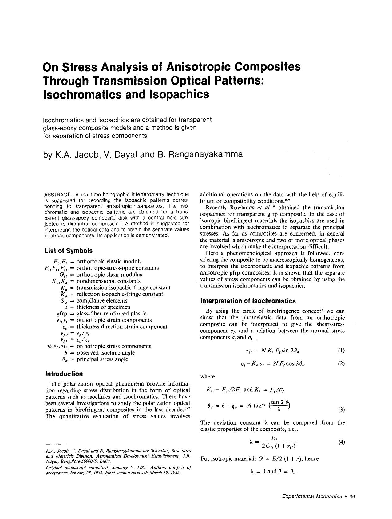 On stress analysis of anisotropic composites through transmission optical patterns: Isochromatics and isopachics by Unknown