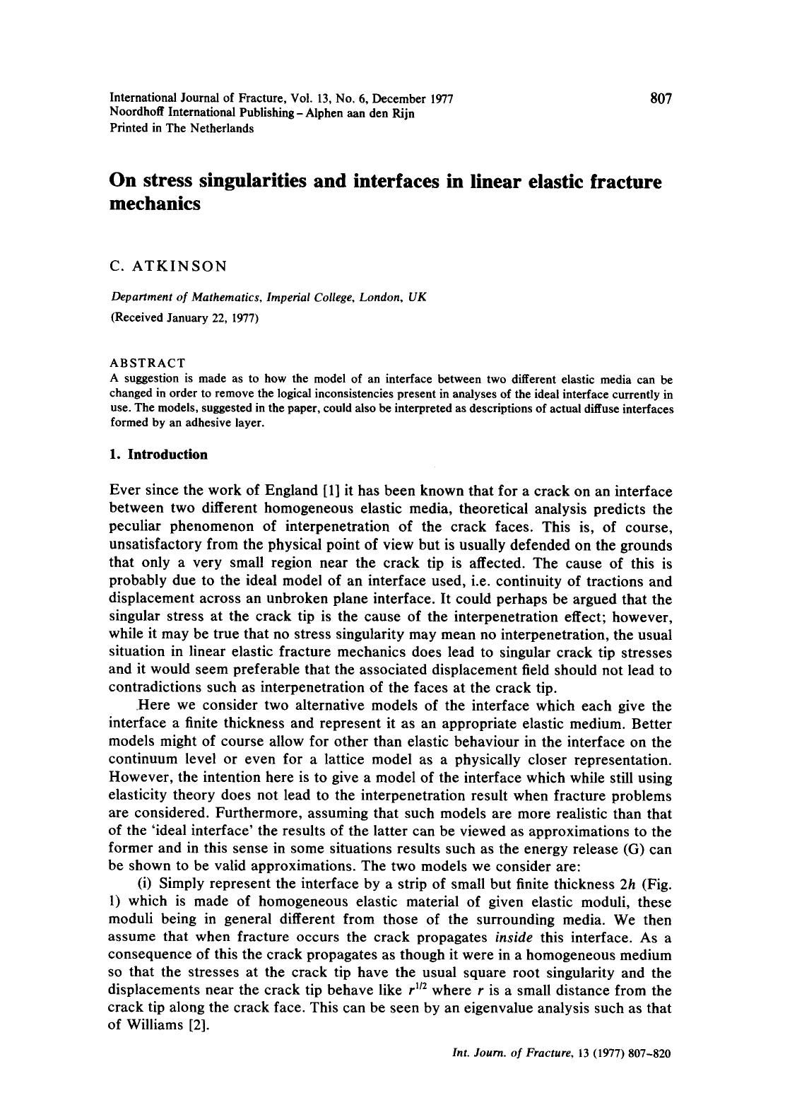 On stress singularities and interfaces in linear elastic fracture mechanics by Unknown