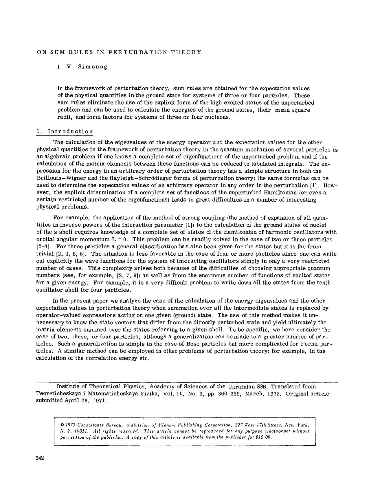On sum rules in perturbation theory by Unknown