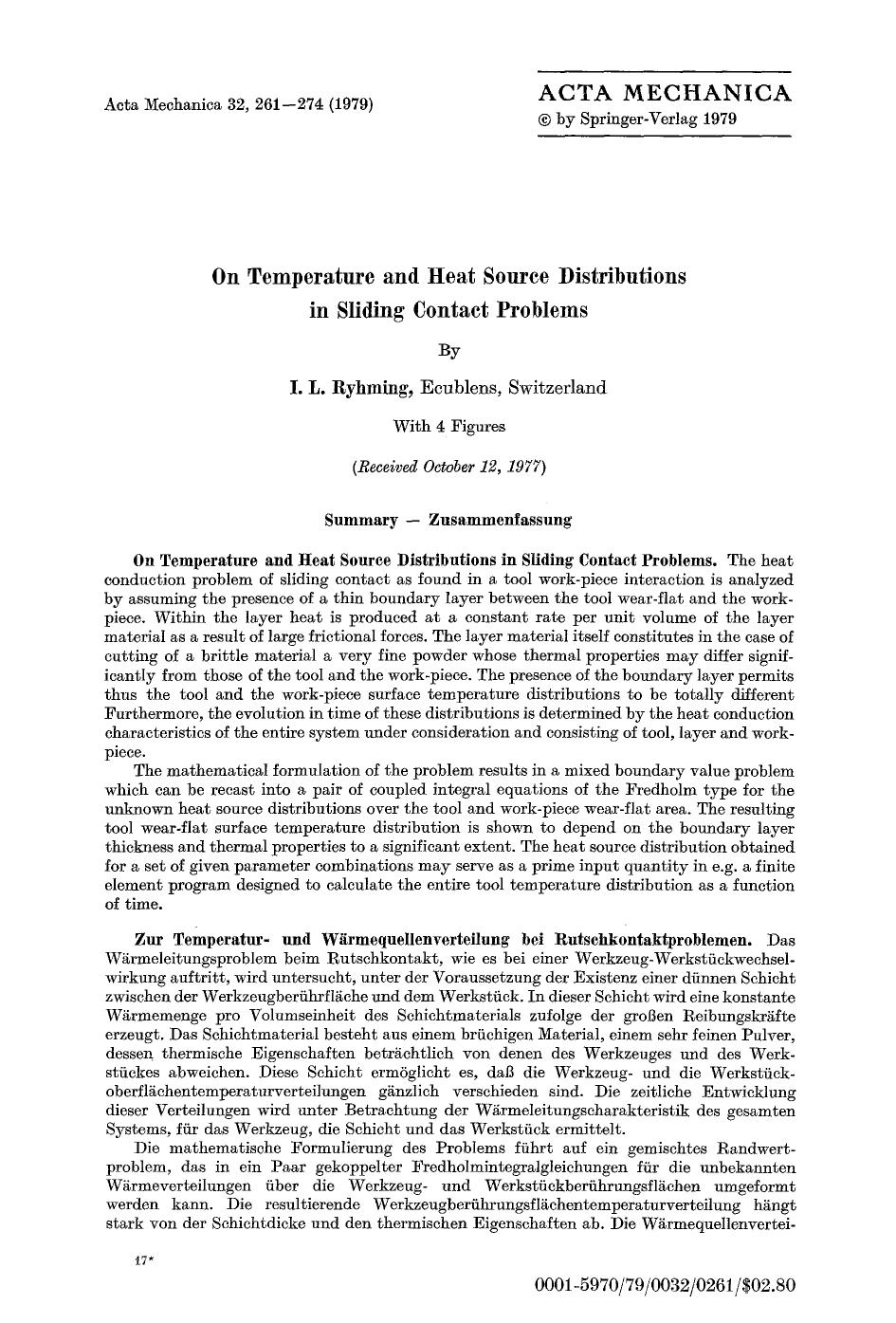 On temperature and heat source distributions in sliding contact problems by Unknown