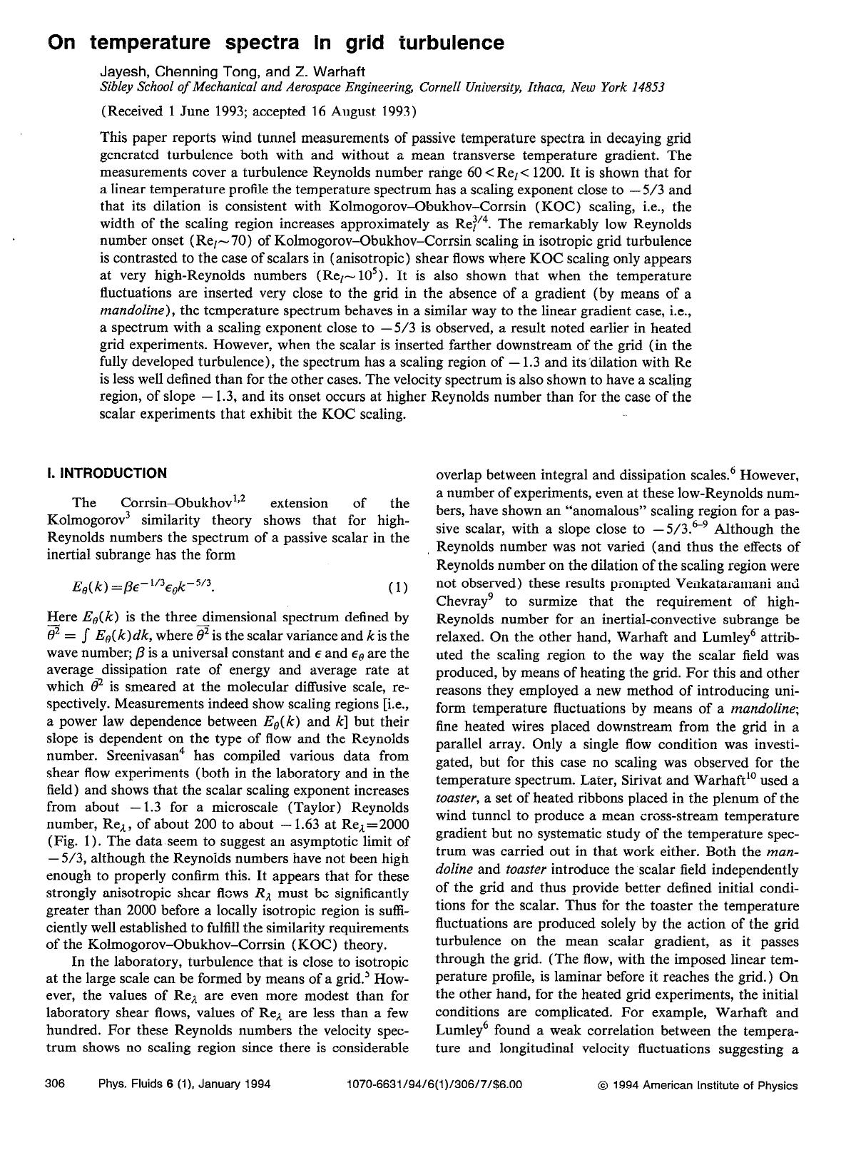 On temperature spectra in grid turbulence by Jayesh; Chenning Tong; Z. Warhaft