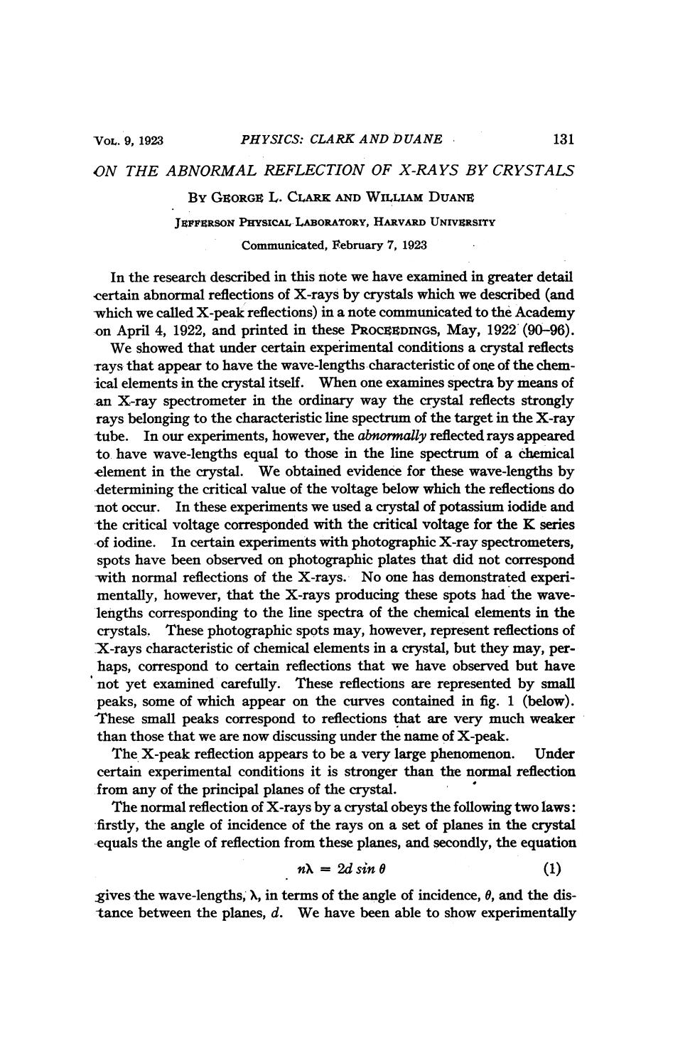 On the Abnormal Reflection of X-Rays by Crystals by Clark G. L