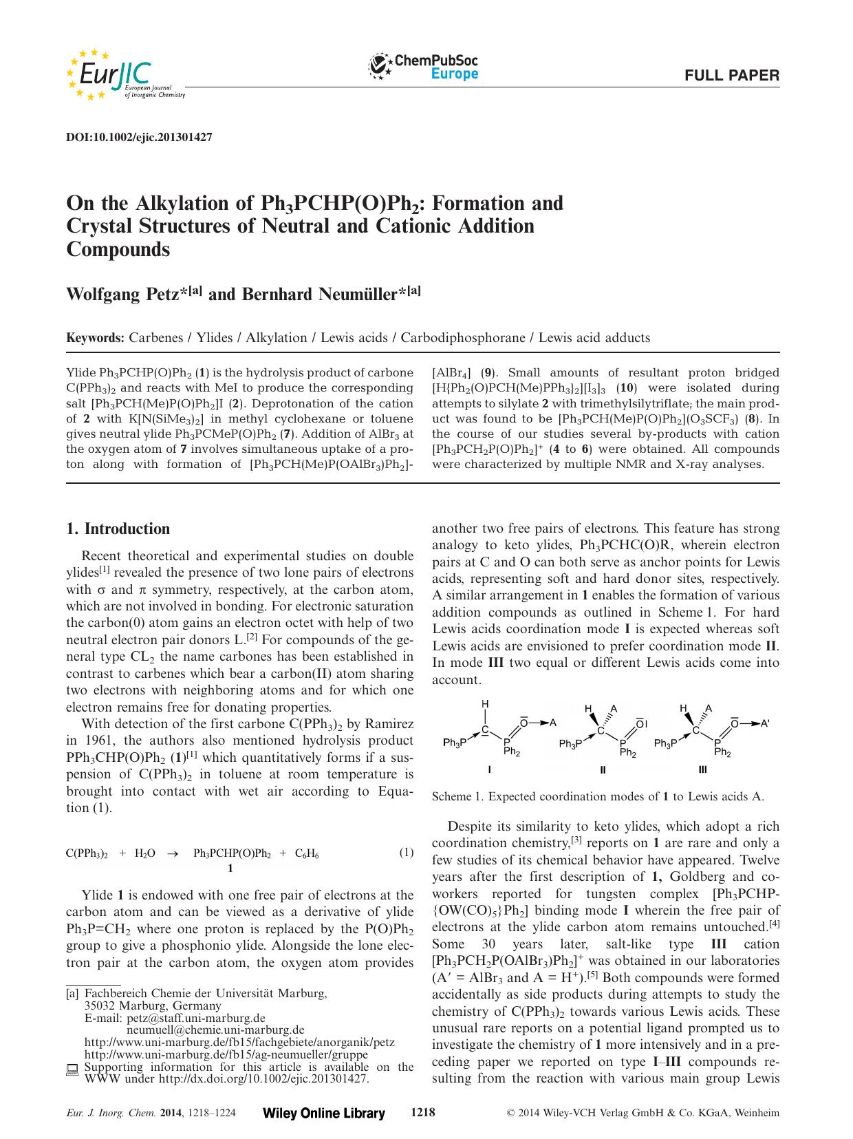On the Alkylation of Ph3PCHP(O)Ph2: Formation and Crystal Structures of Neutral and Cationic Addition Compounds by Unknown