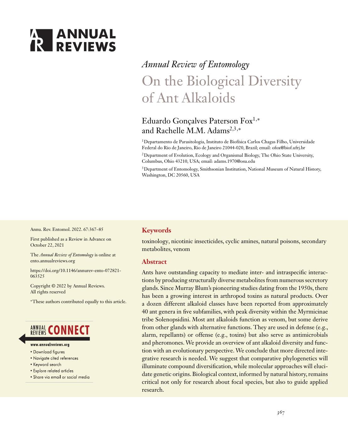 On the Biological Diversity of Ant Alkaloids by Eduardo Gonçalves Paterson Fox and Rachelle M.M. Adams