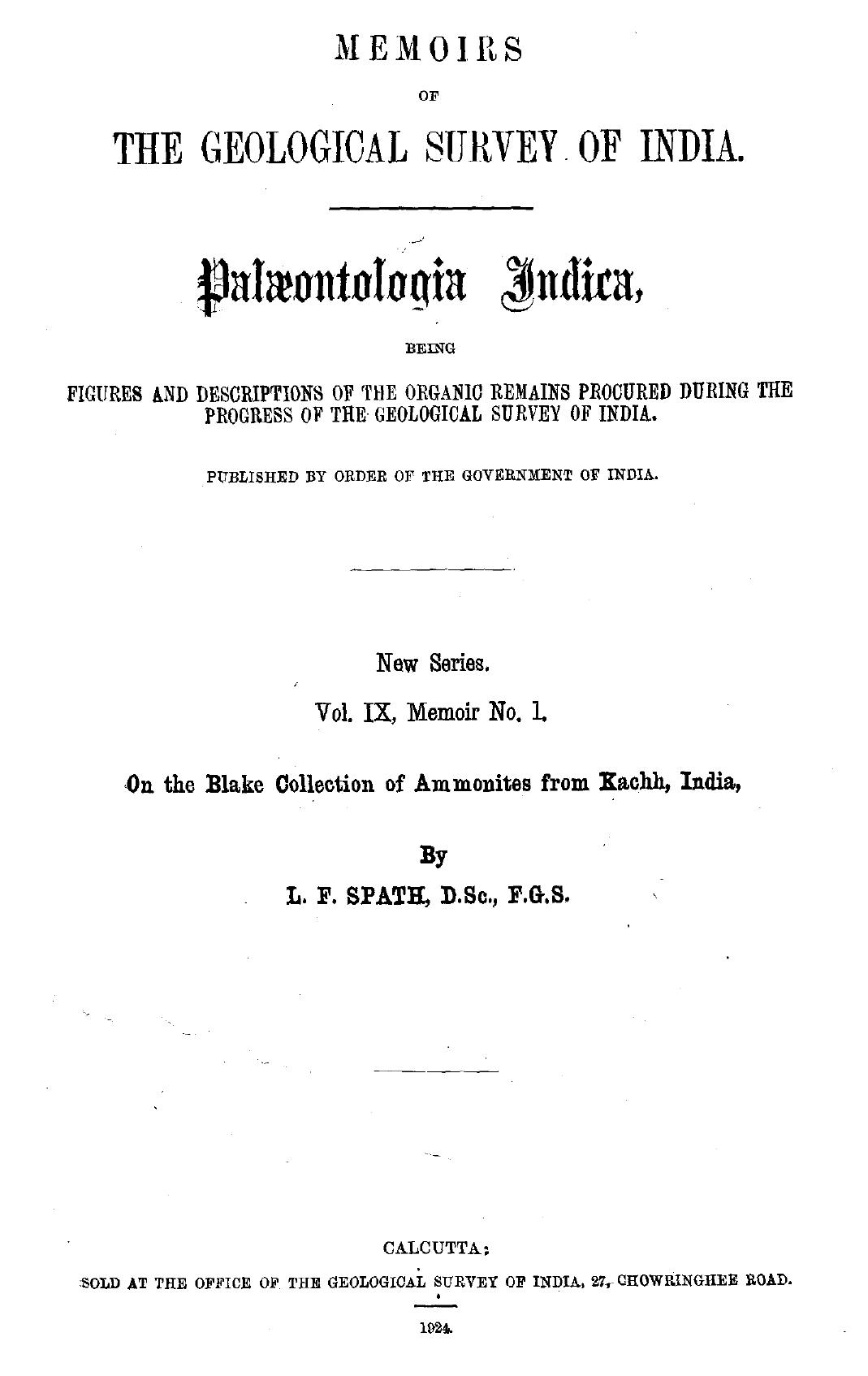 On the Blake collection of ammonites from Kachh, India by L. F. Spath