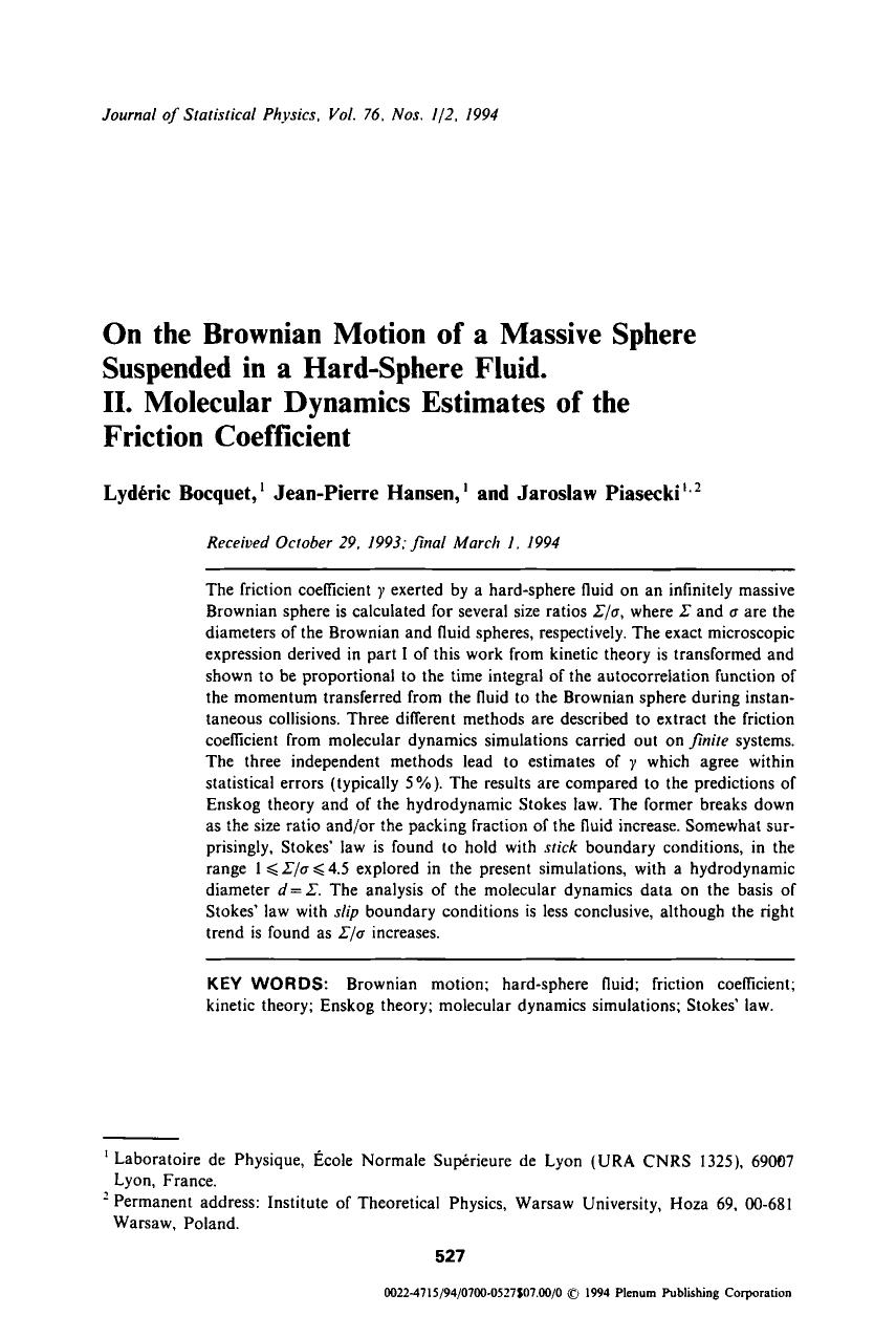 On the Brownian motion of a massive sphere suspended in a hard-sphere fluid. II. Molecular dynamics estimates of the friction coefficient by Unknown