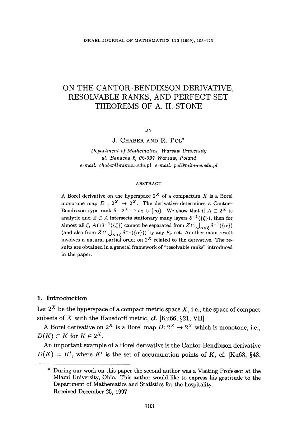 On the Cantor-Bendixson derivative, resolvable ranks, and perfect set theorems of A. H. Stone by Unknown
