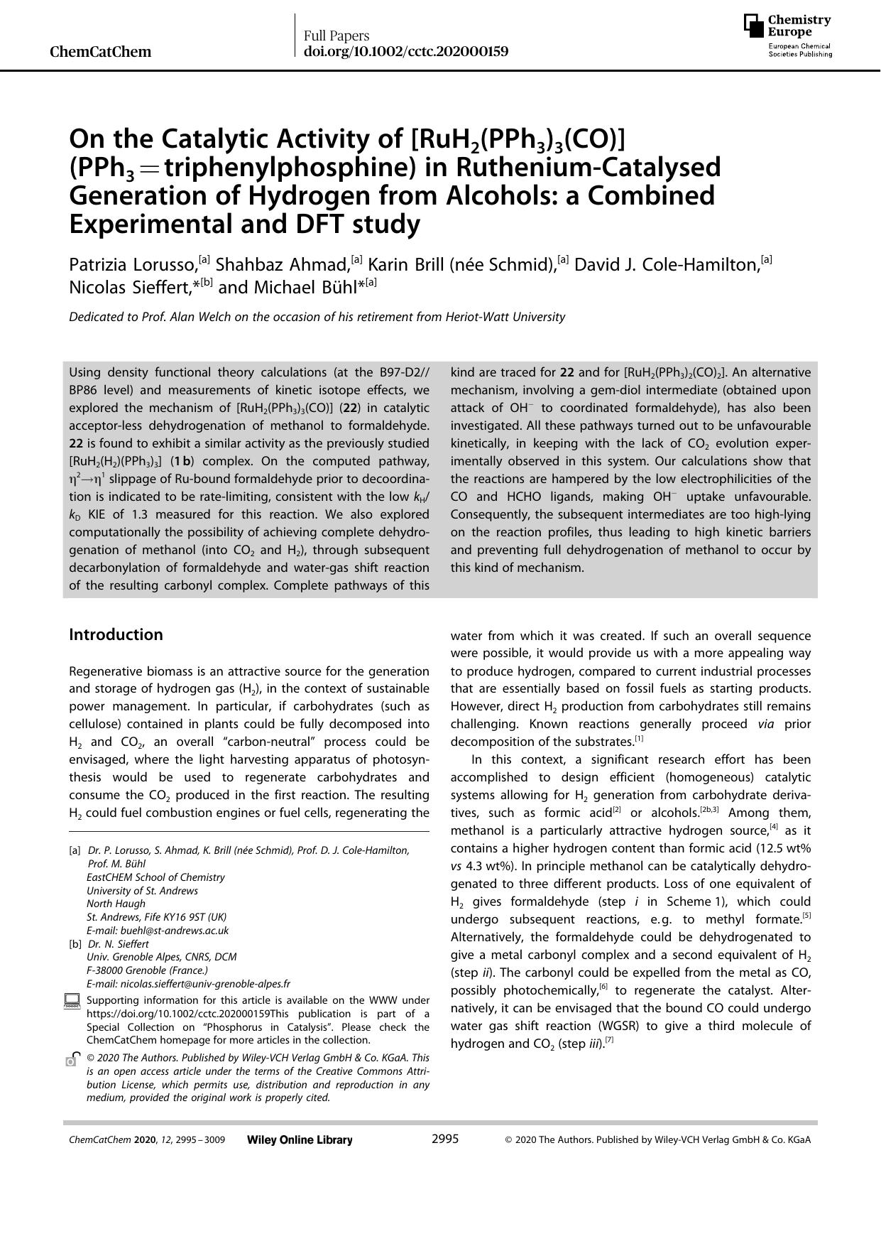 On the Catalytic Activity of [RuH2(PPh3)3(CO)] (PPh3=triphenylphosphine) in RutheniumâCatalysed Generation of Hydrogen from Alcohols: a Combined Experimental and DFT study by Unknown