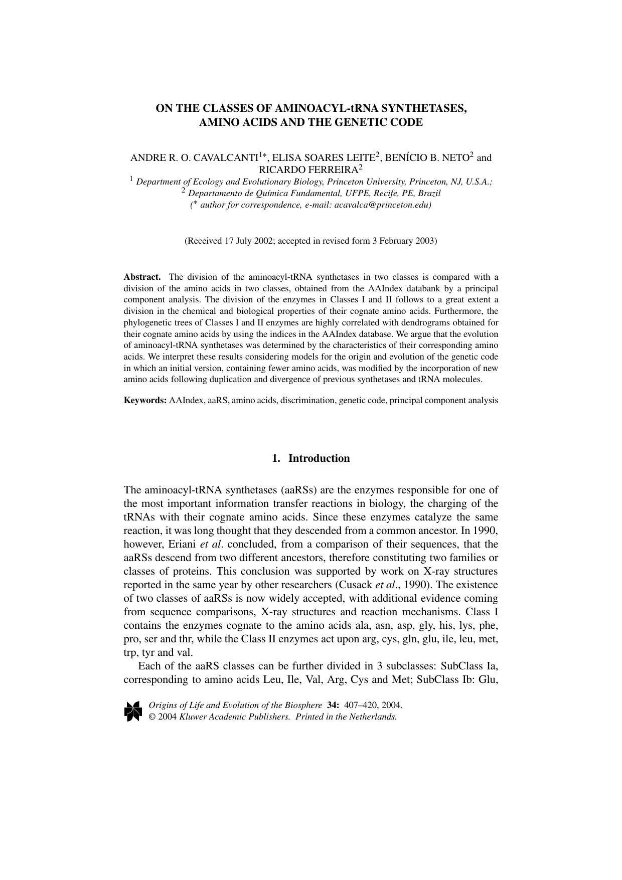 On the Classes of Aminoacyl-tRNA Synthetases, Amino Acids and the Genetic Code by Unknown