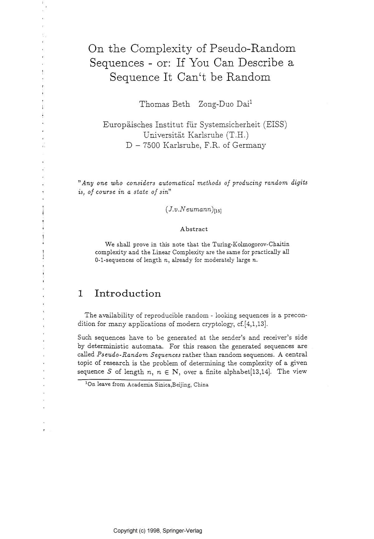 On the Complexity of Pseudo-Random Sequences - or by Beth T. & Dai Z